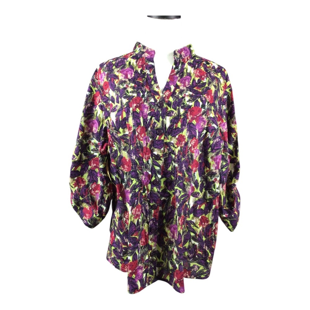 CJ Banks Floral Button Front Top Multicolored 2X Roll Tab Sleeve Pin Tuck Front